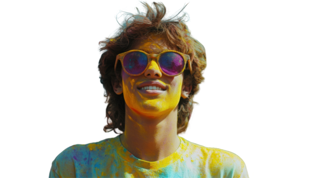 Happy Indian Man Celebrating Holi Festival with Color Powder (Gulal) Photo Png. Fictional Character Created By Generative AI.