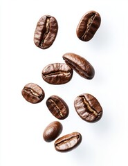 Obraz premium Close Up of Floating Coffee Beans Isolated on White Background for Hot Drinks and Beverages