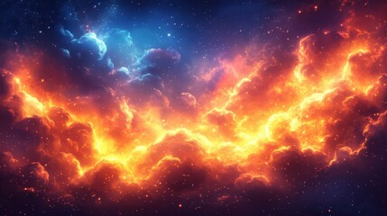 Fototapeta premium A breathtaking display of vibrant colors occurs in a nebula, showcasing swirling clouds of orange and blue against the backdrop of deep space. The cosmic event captivates with its beauty