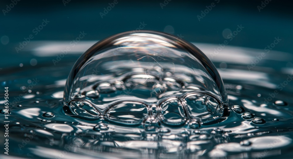 Poster close up water bubble macro - a large water bubble rests on the surface, surrounded by smaller bubbl