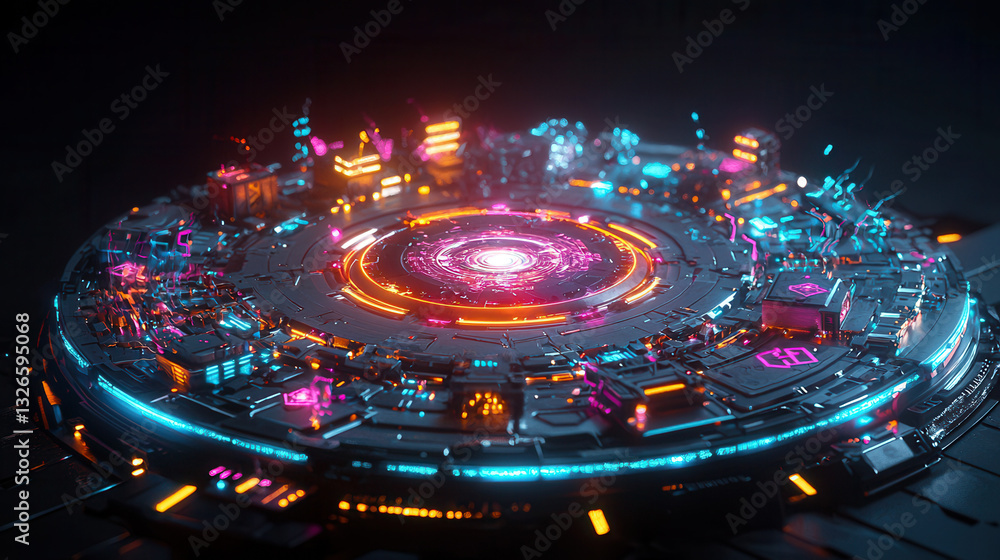 Poster futuristic game board design with vibrant neon colors and intricate details, showcasing circular lay