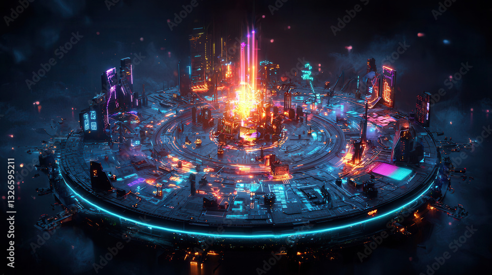 Poster futuristic game board design featuring circular layout with vibrant neon lights and central glowing 