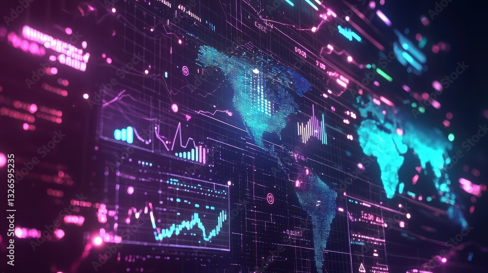 Poster global data visualization with neon graphics and world map elements