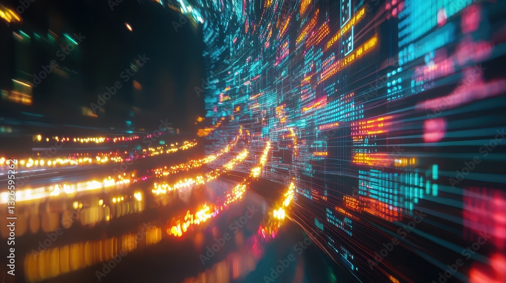 Poster abstract data visualization with colorful light trails and patterns