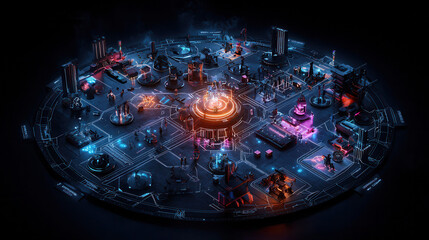 futuristic game board design featuring circular layout with neon elements, intricate patterns, and various structures