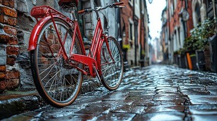 Obraz premium Red Vintage Bicycle Leaned Against Brick Wall on Rainy Cobblestone Street in European City, Atmospheric Moody Image