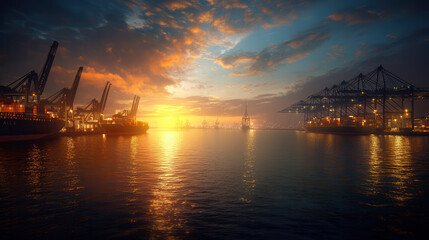 Fototapeta premium Futuristic logistics port at sunset, showcasing ambient light and reflections on water