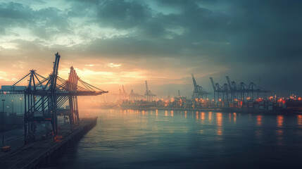 Obraz premium Futuristic port facility with cranes and efficient network at sunset. scene captures serene yet industrious atmosphere