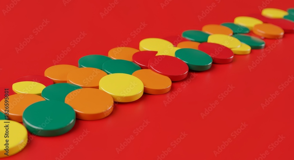 Poster colorful circles pattern on red background - abstract design featuring vibrant circles in red, orang