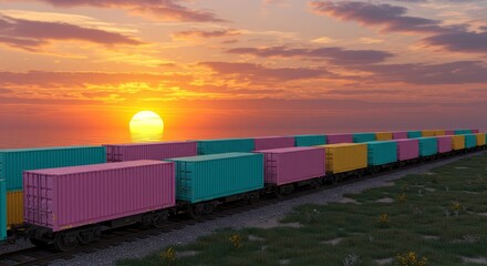 Fototapeta premium Colorful Cargo Train at Sunset - A vibrant 3D illustration of a cargo train carrying colorful shipping containers against a breathtaking sunset, symbolizing global trade, transportation, logistics