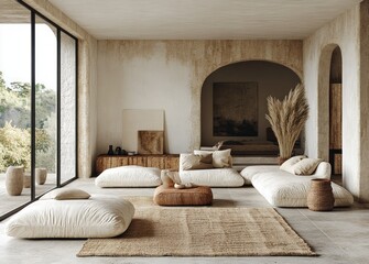 Minimalist Living Room Design in Scandinavian Style with Mock Up Poster Frame and Modern Decor Elements