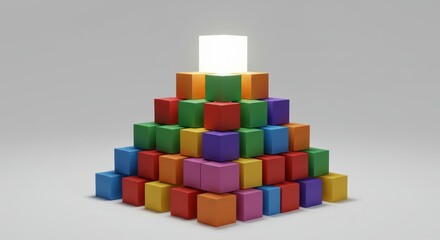 Obraz premium Colorful Cubes Pyramid Illumination - A pyramid of colorful blocks symbolizes growth, achievement, teamwork, innovation, and success. The glowing top cube represents the pinnacle of accomplishment