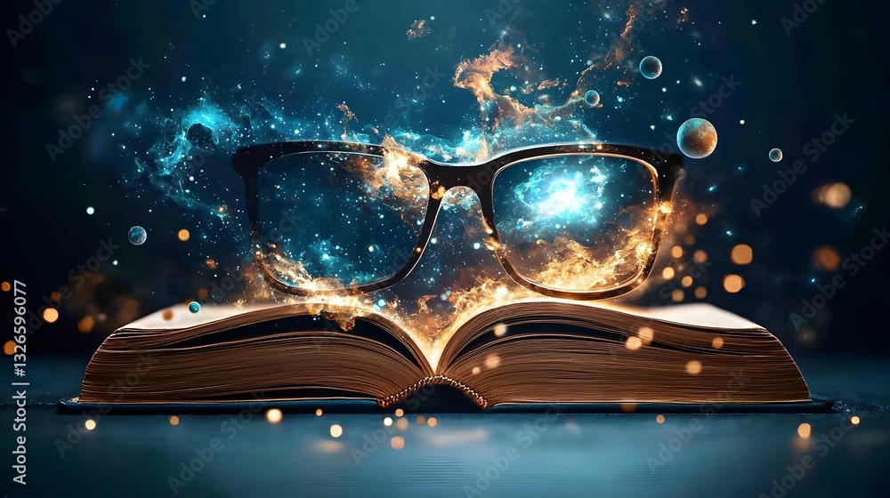 Poster captivating image of an open book revealing a cosmic portal leading into a swirling galaxy filled wi