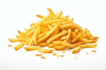 Fototapeta premium A photograph of golden, crispy French fries placed on a pristine white background. Suitable for food lovers