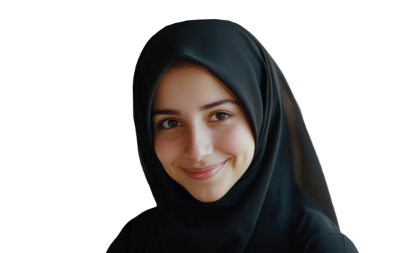 Young Arab Woman Smiling in Black Hijab for Ramadan Mubarak Photo PNG. Fictional Character Created By Generative AI.