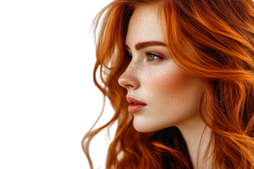 Portrait of a young woman with long red hair and freckles