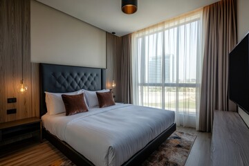 Obraz premium A modern bedroom interior featuring a large bed and a large window