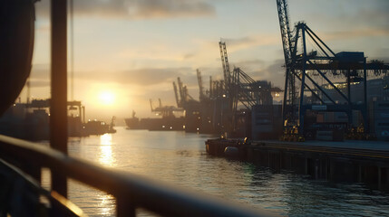 Fototapeta premium high efficiency cargo port at sunset, showcasing cranes and ships reflecting on water. scene evokes sense of industriousness and tranquility