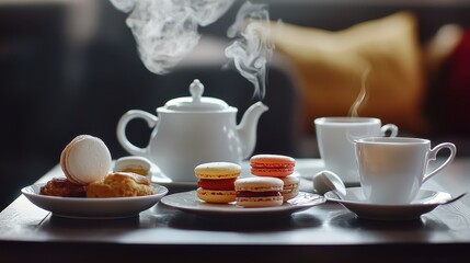 Cozy Afternoon Tea with Delicate Pastries and Steaming Beverage