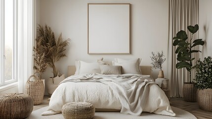 A wide blank frame centered above a king-size bed in a neutral-toned bedroom with layered textiles