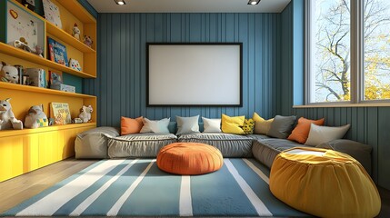 A wide blank frame in a family room with a cozy sectional sofa and playful decor elements