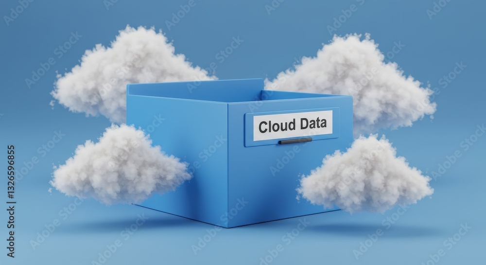 Poster cloud storage file box and fluffy clouds - conceptual symbolizing cloud storage, data security, arch