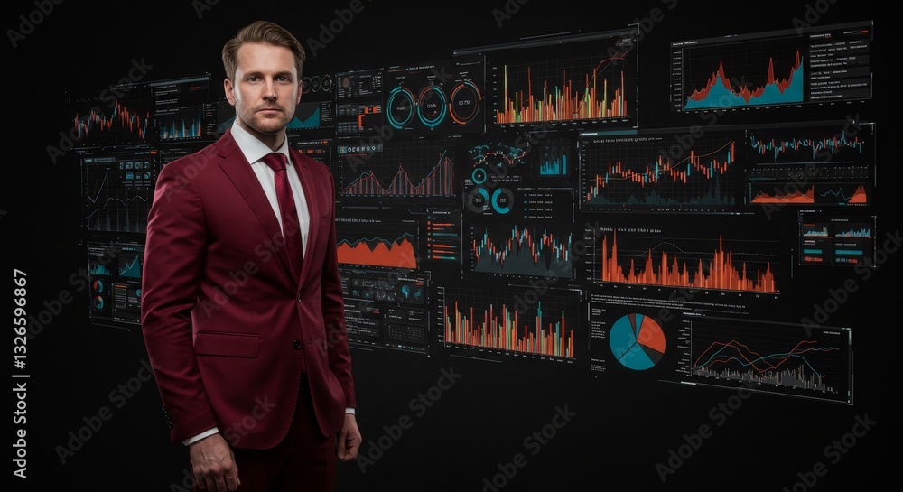 Poster confident businessman analyzing data - a successful businessman in a red suit confidently stands bef