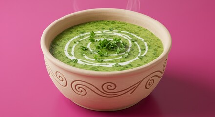 Creamy Green Soup in Rustic Bowl - A bowl of vibrant green soup, garnished with cream swirls and fresh herbs, sits on a pink background. The soup is steaming slightly