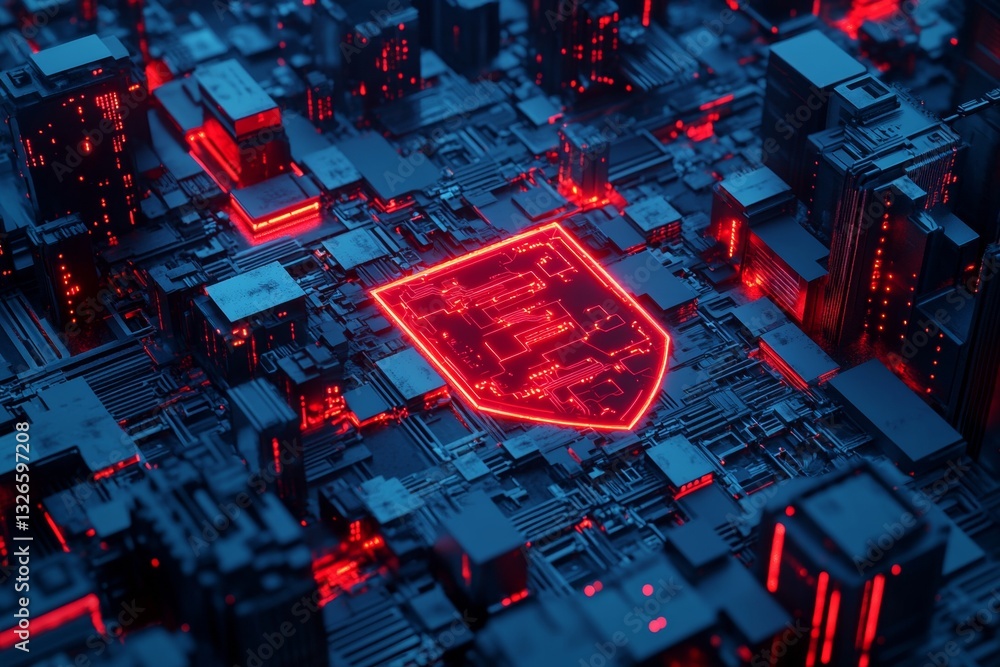 Aufkleber digital shield symbolizing security with glowing cyber lines against a tech cityscape background