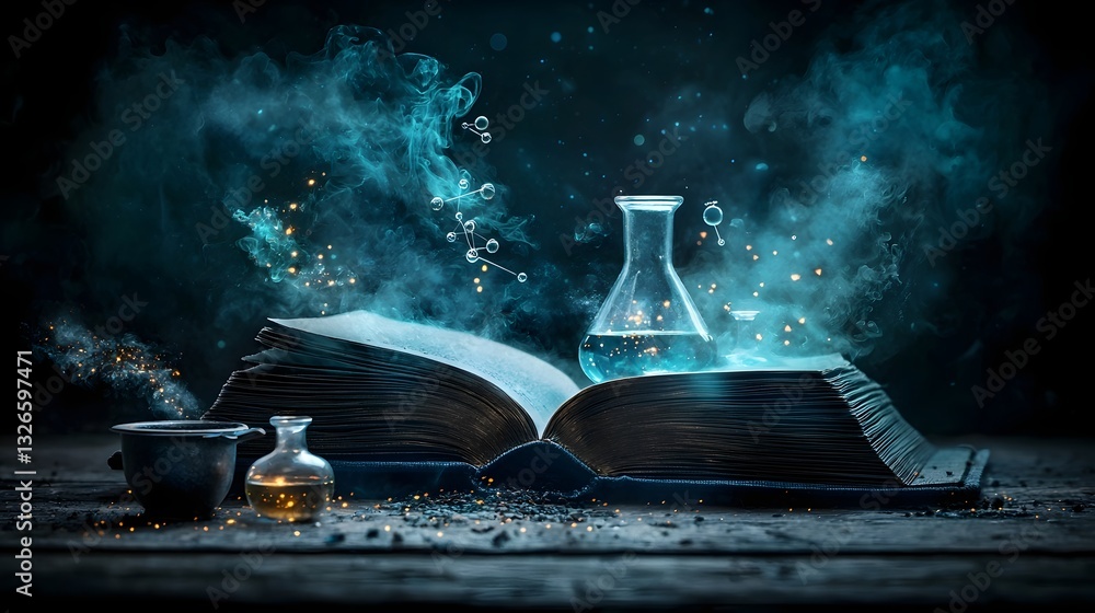 Poster an open book with glowing alchemical symbols bubbling potions and floating molecular structures radi