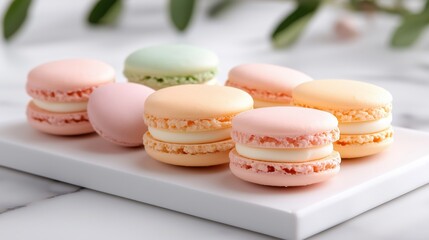 Fototapeta premium Artisanal macarons in delicate pastel shades arranged elegantly on a white porcelain plate with soft lighting