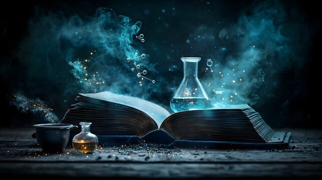An open book with glowing alchemical symbols bubbling potions and floating molecular structures radiating a mystical otherworldly aura  This image evokes the enchanting world of alchemy science