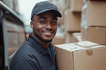 A delivery person holding cardboard boxes smiles at the camera.