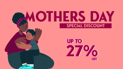Up to 27% discount,' featuring a mother and child hugging against an illustrated pink background.