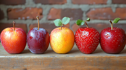 Five colorful fruits stand in a row against a brick wall showcasing their vibrant hues and textures on a wooden surface.