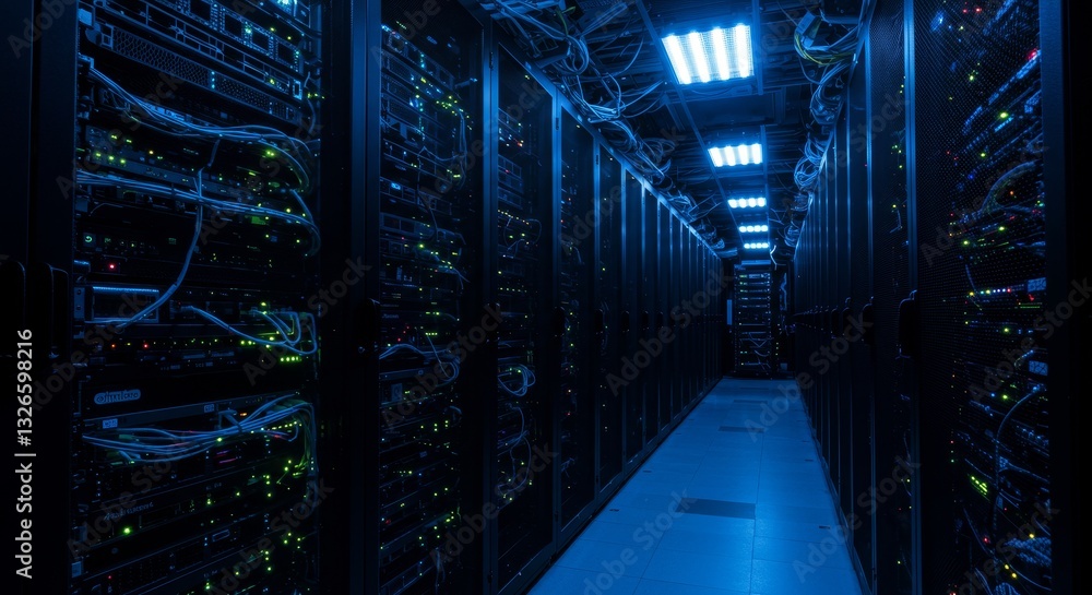Poster data center server room corridor - a long corridor of server racks in a modern data center, illumina
