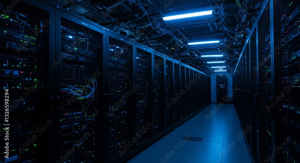 Poster data center server room corridor - of a long corridor in a data center, filled with rows of servers,
