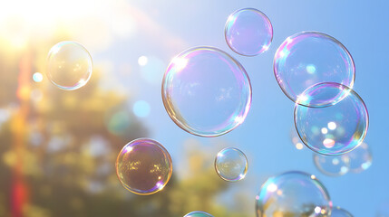 Vibrant Soap Bubbles Soaring Outdoors on Bright Summer Day Illustration