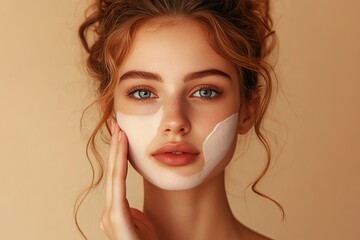 a woman with a face mask applied to her face touching her cheek.