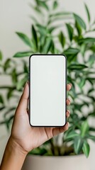Modern smartphone with blank white screen held by hand in front of green houseplant background for mock up or branding
