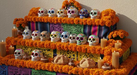 Obraz premium Day of the Dead Ofrenda Altar - Vibrant Day of the Dead altar adorned with sugar skulls, marigolds, candles, and traditional pan de muerto