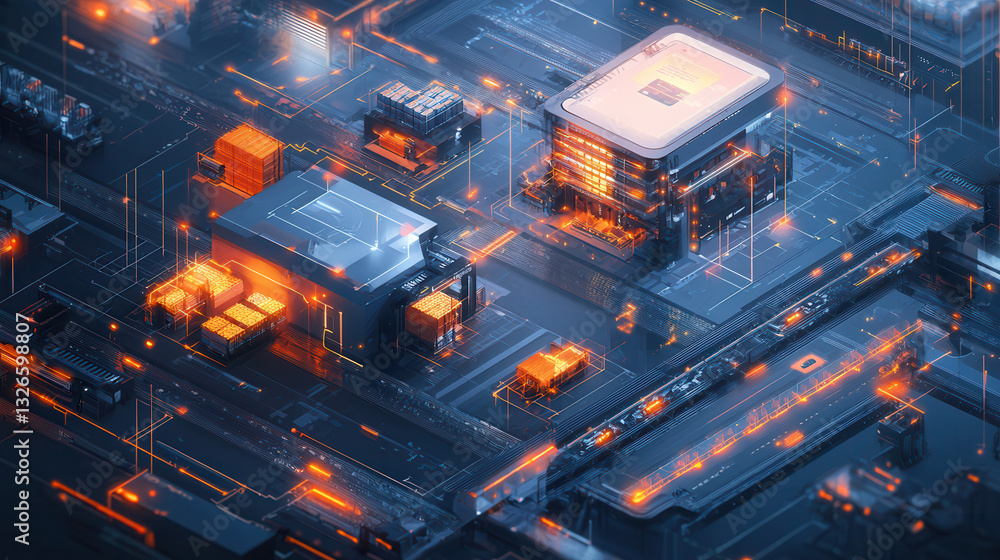Poster futuristic cargo hub with glowing circuits and containers, showcasing advanced technology and vibran