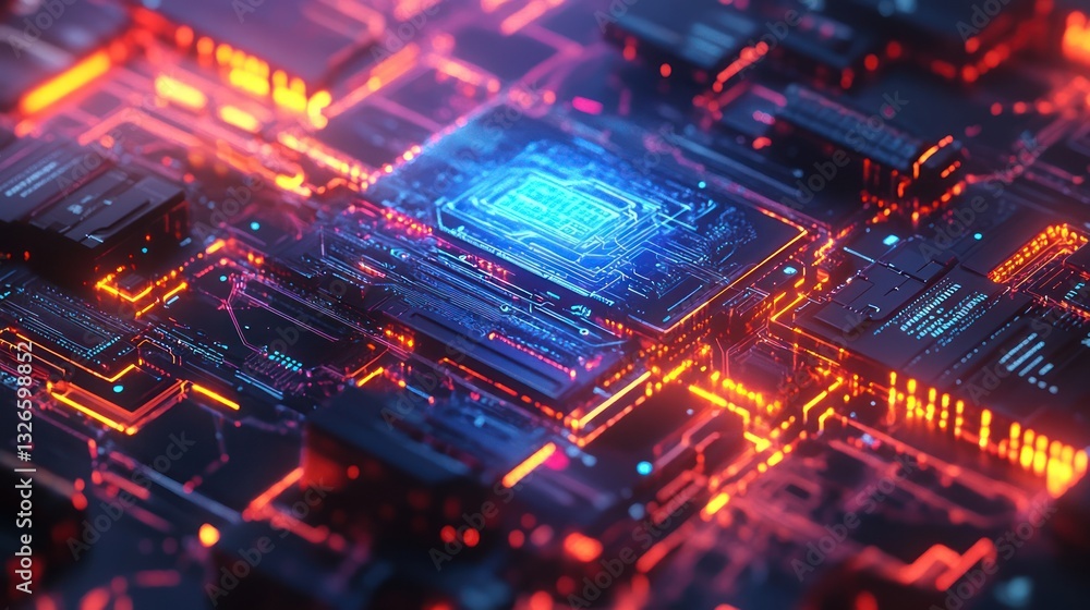 Poster futuristic glowing cpu on circuit board.