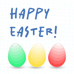 Colorful eggs on a checkered background with the words happy easter