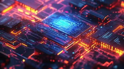 Obraz premium Futuristic glowing CPU on circuit board.