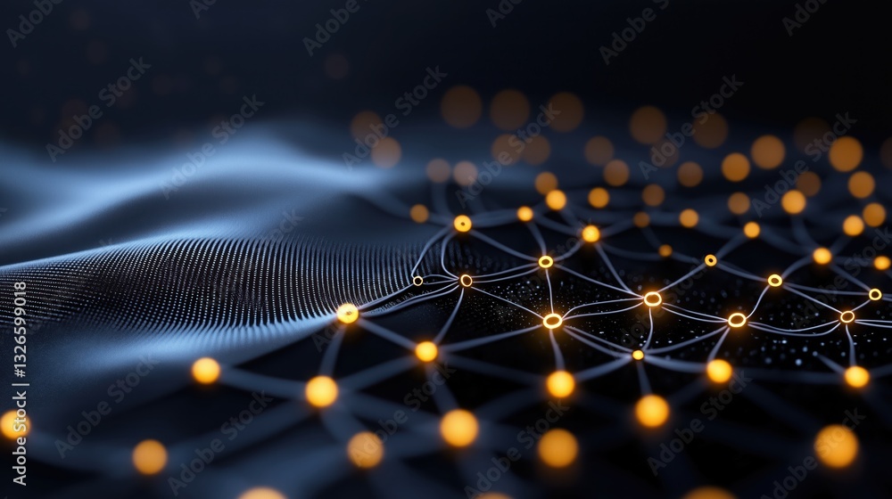 Poster futuristic matrix style geometric pattern featuring glowing symbols in complex digital aesthetics wi