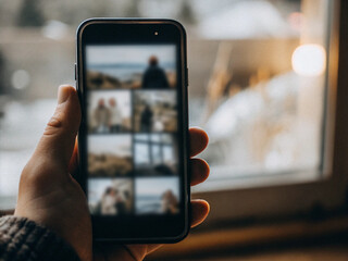 A hand holding a smartphone. An image filled with many memories. Memories with family. Scenes from a trip.
