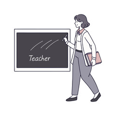 Female Teacher Pointing at Blackboard with Pointer Stick and Copy Space Vector Clipart Isolated Illustration