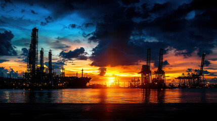 Obraz premium vibrant sunset illuminates mega shipping hub, showcasing industrial structures against dramatic sky