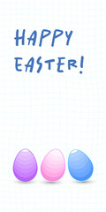 Colorful eggs on a checkered background with the words happy easter